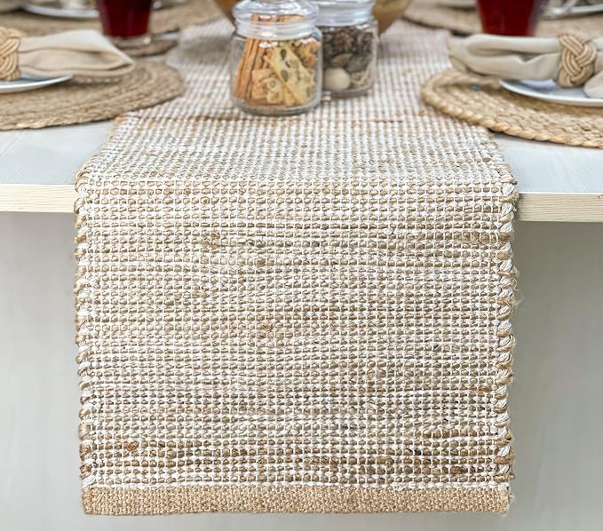 Chardin home Natural Jute Table Runner 13x108 Inch – Vintage Boho Rustic Table Decor – Handwoven Long Table Runner in Natural Jute and Ivory – Farmhouse Dining or Console Table Accent
