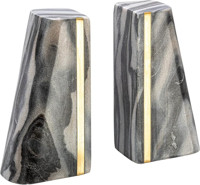 Main + Mesa Modern Marble Bookends with Brass Detail, Set of 2, Grey