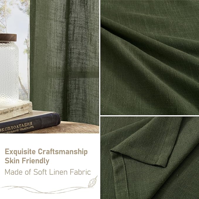 LAMIT Long Linen Curtains 2 Panels Set for Living Room, 108 inches Long Light Filtering Bronze Grommet Window Textured Neutral Sheer Drapes for Bedroom French Door, 52 x 108 Inch, Olive Green