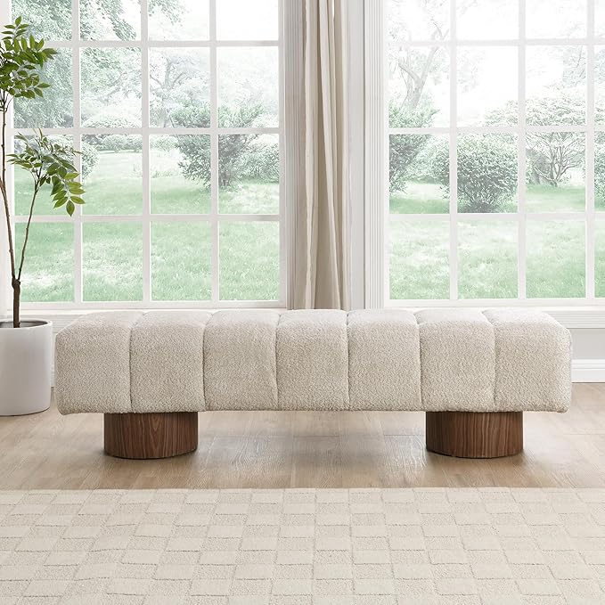 Christopher Knight Home Manila 64" Boucle Dining Bench, Upholstered Ottoman Bench, Rectangular Dining Seat, Spacious Seating, Long Footstool for Living Room Dining Room, No Assembly Needed, Beige