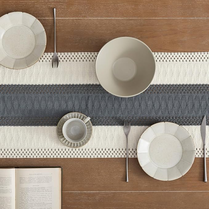 ZeeMart Macrame Style Bicolor Stitching Table Runner, 14 x 36 Inch Charcoal/Ivory, Boho Dark Grey Table Runners 36 Inches Long, Farmhouse Woven Home Decor