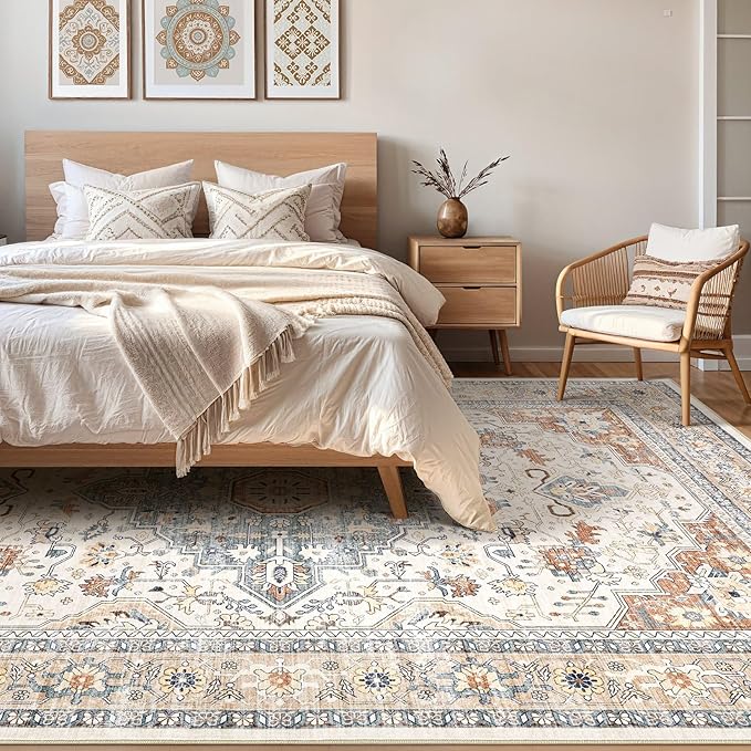 10x14 Area Rugs Living Room: Washable Boho Large Neutral Vintage Soft Rug Stain Resistant Distressed Farmhouse Non-Slip Indoor Floor Carpet for Bedroom Nursery Kids Office Dining Room- Beige Blue