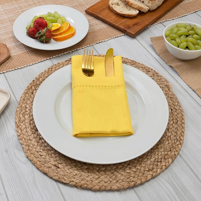 Blue Needles Set of 12 Hemstitch Linen Napkins 100% Cotton Lemon Yellow Cloth Dinner Napkins 18x18 inches - Spring Summer Easter - Soft, Reusable, Absorbent, Washable, Ideal for Parties & Everyday Use