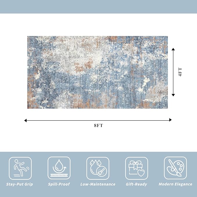 4x8 Washable Indoor Entryway Rug – Non-Slip Rubber Backed Floor Mat for Kitchen, Hallway, Bedroom – Modern Abstract Low-Pile Thin Wide Carpet Runner for Bathroom, Living Room, Office (Blue Rust, 4x8)