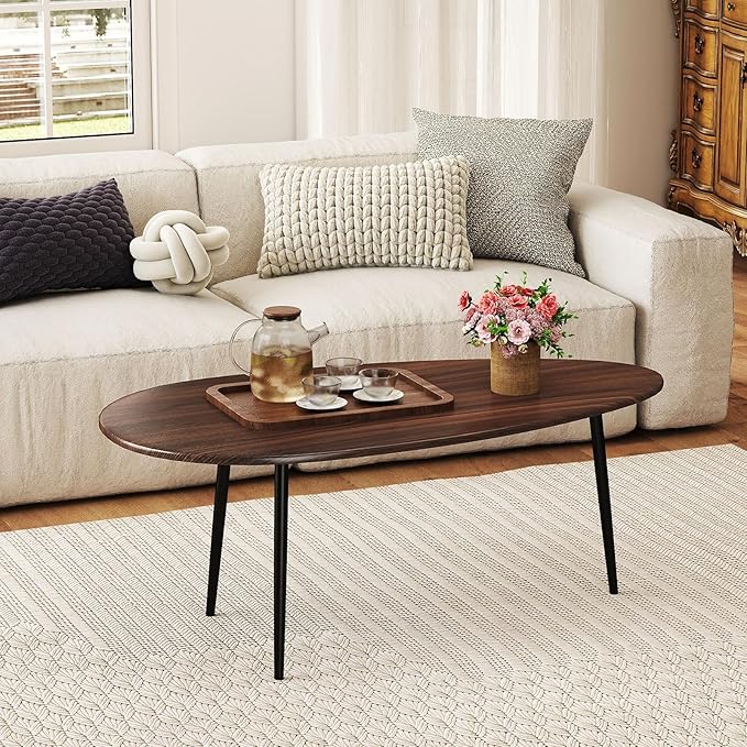 Giantex Oval Coffee Table, Mid Century Modern Center Table with Sturdy Metal Frame and Compact Design, Vintage Accent Cocktail Tea Table, Wood Living Room Tables for Small Spaces (Walnut)