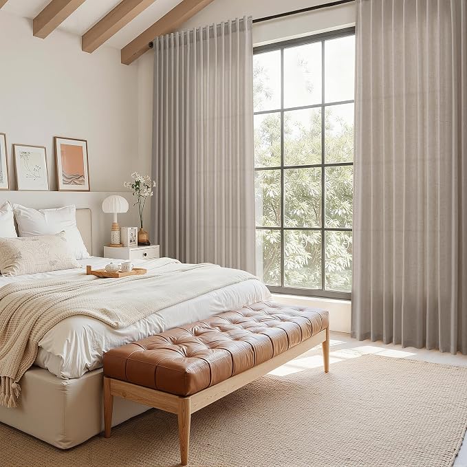 Ecru Linen 112 Inch Curtains for Living Room Light Filtering Semi Sheer Curtain Back Tab Rustic Farmhouse Decor Burlap Elegant Soft Drapes Floor to Ceiling High Window for Bedroom 52x112, 2 Panels