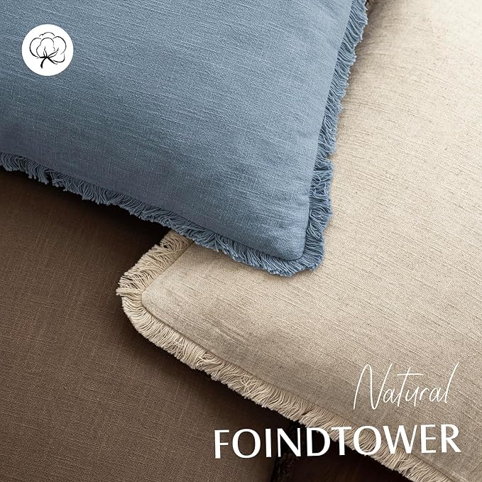 Foindtower Set of 2 Decorative Linen Fringe Throw Pillow Covers Cozy Boho Farmhouse Cushion Cover with Tassels Soft Accent Pillowcase for Couch Sofa Bed Living Room Home Decor, 22×22 Inch, Misty Blue