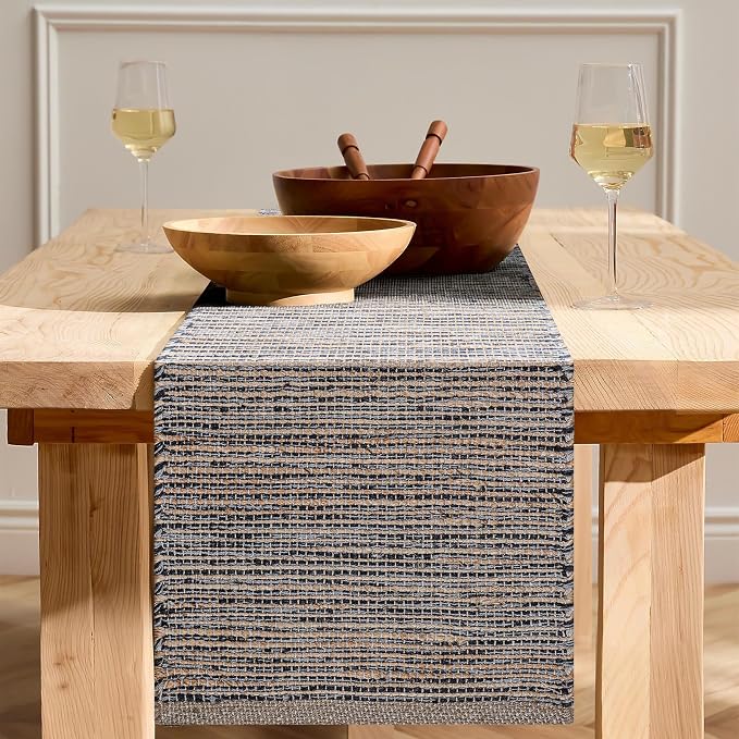 Boho Jute Table Runner for Dining Tables, Rustic Gray Table Runner Farmhouse Style , Cotton and Jute Neutral Colorful Indoor Kitchen Decor, 13 X 108 Inch, - Natural- Grey