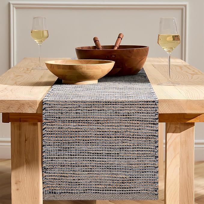 Boho Jute Table Runner for Dining Tables, Rustic Gray Table Runner Farmhouse Style , Cotton and Jute Neutral Colorful Indoor Kitchen Decor, 13 X 72 Inch, - Natural- Grey
