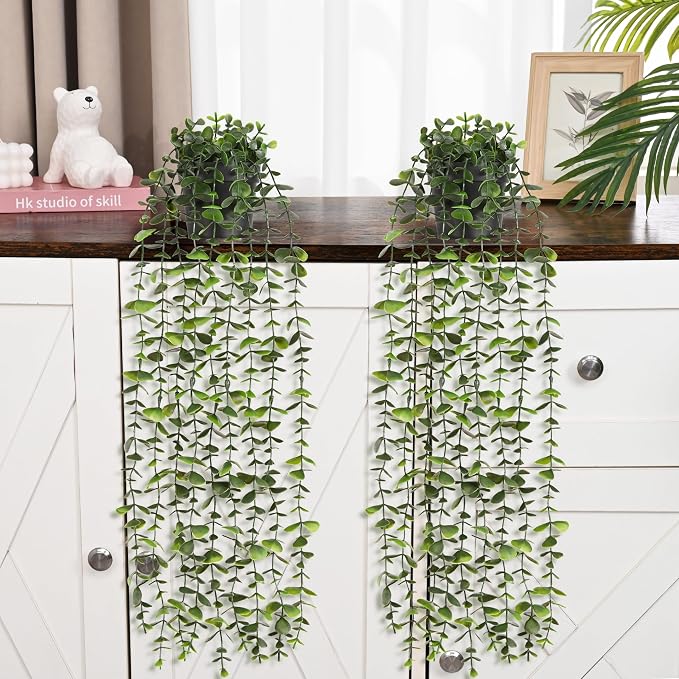 Waipfaru 2Pcs Fake Hanging Plants with Pot, Artificial Potted Faux Eucalyptus Plants Fake Vines Ivy Artificial Plants Outdoor Faux Plants Indoor Bedroom Living Room Boho Wall Porch Shelf Decor