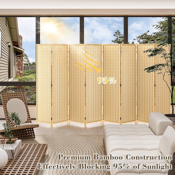 WelFurGeer 8 Panel Bamboo Room Divider, Folding Privacy Screen for Room Separation, Natural Wood Room Partitions and Dividers, Patio Privacy Panels, Decorative Wall Divider for Home, Office, Studio