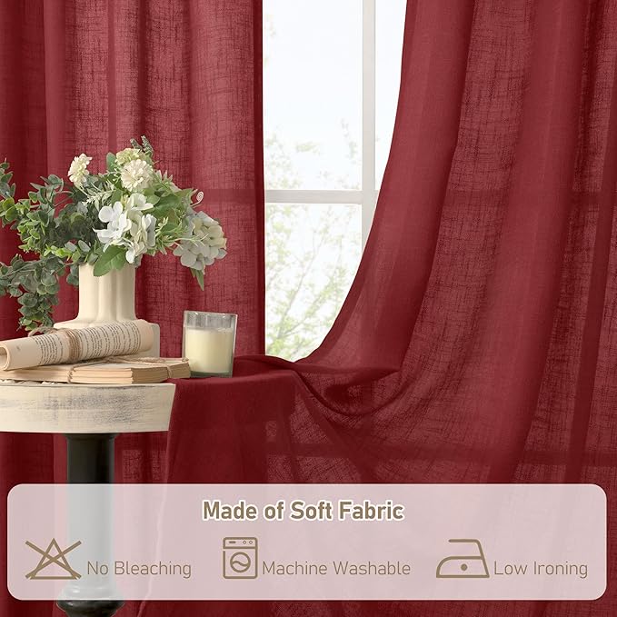 LAMIT 72 inch Red Linen Curtains for Living Room 2 Panels, Linen Textured Light Filtering Semi Sheer Back Tab and Rod Pocket Curtain Panels for Bedroom/Farmhouse, Burgundy Red, 52 x 72 Inch