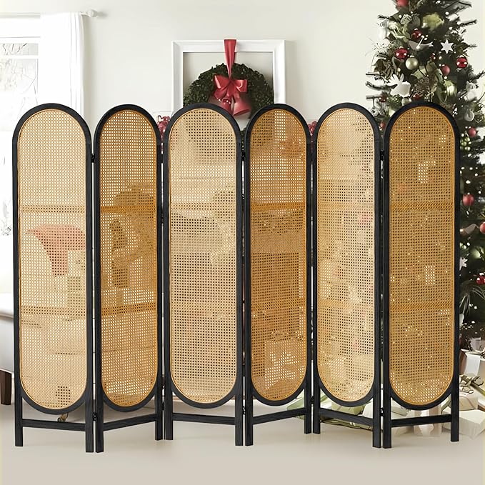 6 Panel Room Divider, Hand-Woven Rattan Room Divider Screen, Folding Privacy Screens with Double Hinges, Wooden Freestanding Wall Divider for Room Separation Bedroom Home Office - Black
