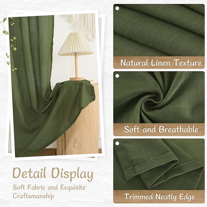 LAMIT Olive Green Sheer Linen Curtains 84 Inches Long 2 Panels Set, Light Filtering Living Room Panels Back Tab and Rod Pocket Christmas Farmhouse Drapes for Bedroom/Sliding Glass Door, 52 x 84 Inch
