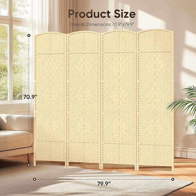 JOSTYLE Room Divider 4 Panel Room Divider Wall, 6ft Tall Divider for Room Separation, Folding Privacy Screen Panel, Portable Wooden Room Divider Panel, Freestanding Partition Screen, Ivory White