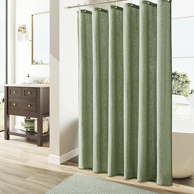Naturoom Extra Long Linen Shower Curtain, 72x84 Inch Long Neutral Fabric Country Cottage Spring Themed Bathroom Decor, Large Weighted Water Repellent Cloth Shower Curtains for Bathroom, Sage Green