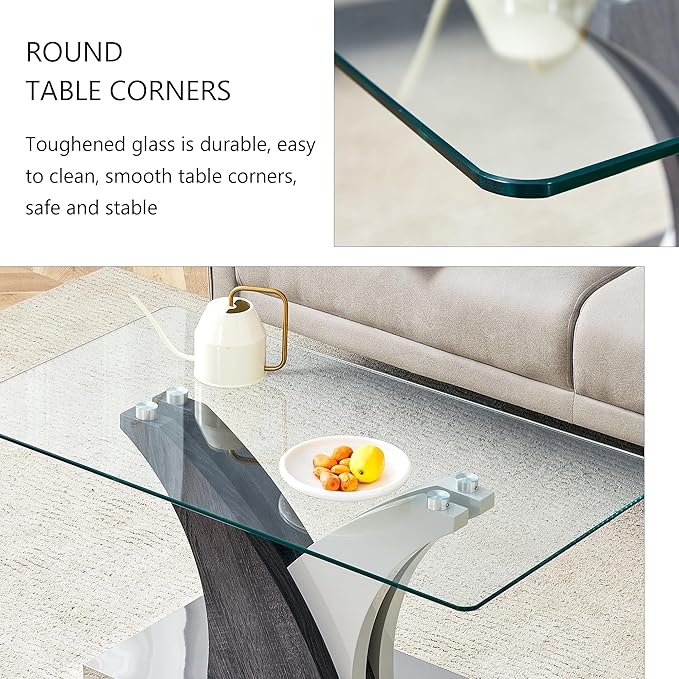 39'' Glass Coffee Table for Living Room,Rectangle Clear Center Table,Modern Glass Sofa Coffee Table with Tempered Glass Top and MDF Thickened Base