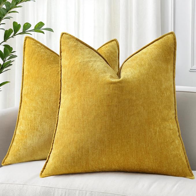 decorUhome Summer Couch Euro Sham Throw Pillow Covers 26x26 Set of 2, Decorative Soft Velvet Modern Cozy Chenille Pillow Cases with Elegant Design for Sofa Bed Living Room Home Decor, Mineral Yellow
