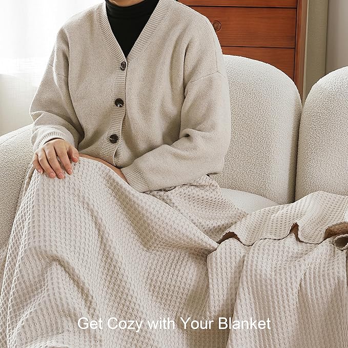 100% Egyptian Cotton Waffle Weave Blanket King Size for Bed, 320 GSM - Breathable and Soft for Spring Summer, Lightweight All Season Bed Blanket for Couch, Sofa (104x90 Inches, Light Khaki)