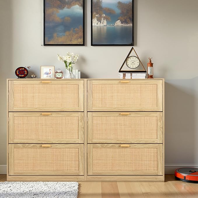Finnhomy Extended Edition Shoe Cabinet with Natural Rattan Flip Drawers for Entryway, Free Standing 3 Tier Slim Shoe Organizer, Shoe Cabinet with 3-Gear Adjustable Width Drawers, Natural