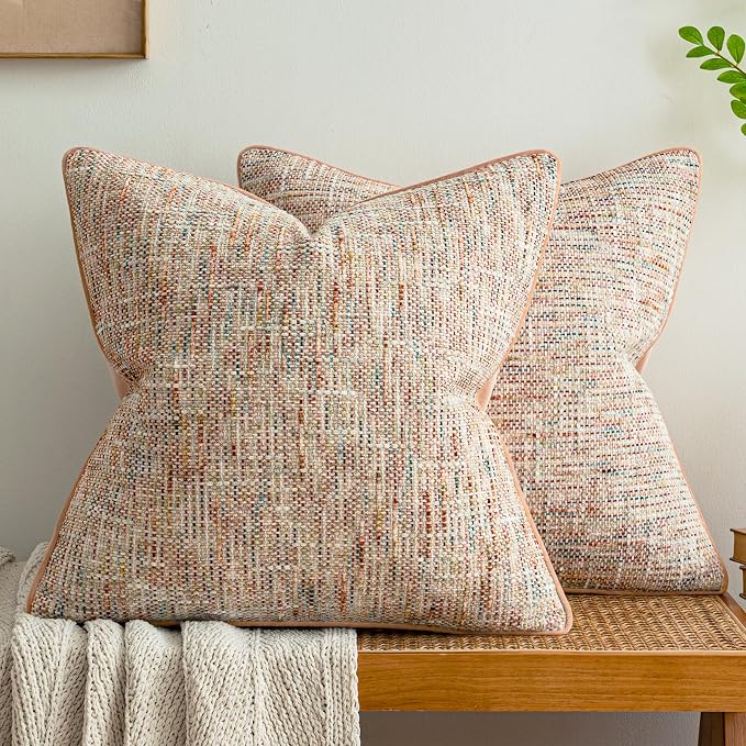 a moment Light Pink Reversible Pillow Covers 2 Pack - Farmhouse Chenille Velvet Throw Pillows, Neutral Textured Decorative Throw Pillow Covers with Border for Couch Sofa Bed (18x18 Inch, No Insert)