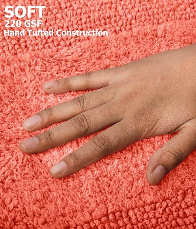 COTTON CRAFT Luxurious Bath Mat Rug - Set of 2 Reversible Heavyweight Step Out Bath Mats for Bathroom Floor, Tub and Shower - Pure Cotton Soft Plush Absorbent Tufted Racetrack Mat - 17 x 24 in - Coral
