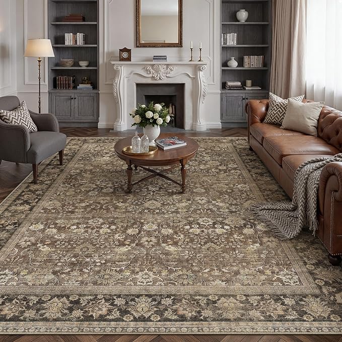 HUGEAR 9x12 Machine Washable Rugs Brown Living Room Large Area Rug Indoor Accent Rug Floral Mid Pile Carpet Soft Soft Thicker Aesthetic Rug Bedroom Office Dining Laundry