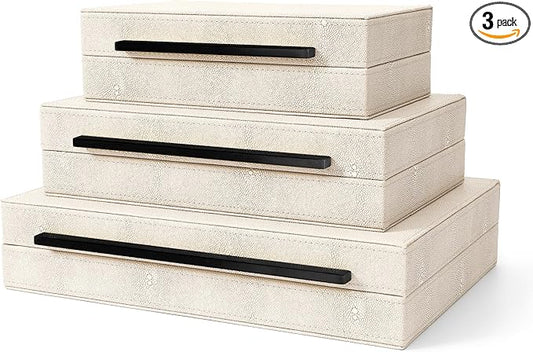 Sagala Set of 3 Ivory Shagreen Decorative Boxes With Black Metal Handles, Faux Leather Jewelry Boxes Modern Storages Photo Memory Boxes Home Organizer Boxes (Ivory-Black, 3pack)