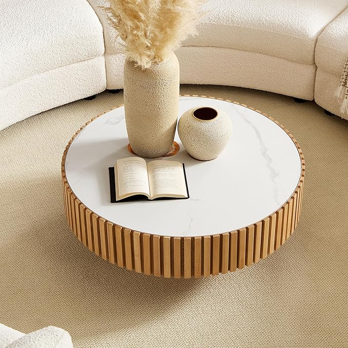 35.43'' Round Coffee Table with Faux Marble Tabletop, Modern Drum Center Coffee Tables Luxury Circle Coffee Table for Bedroom,Apartment,Living Room-Natural