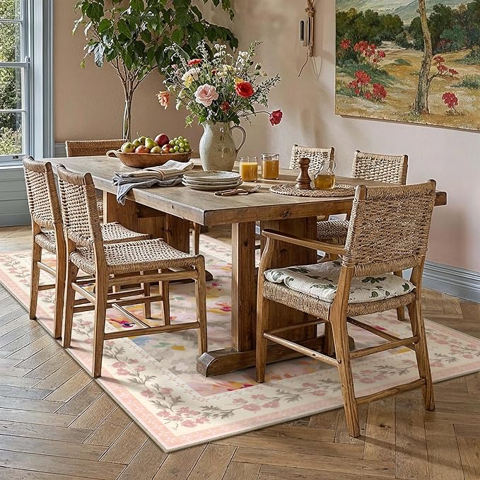 4x6 Washable Area Rug for Entryway Beige Pink Floral Abstract Soft Throw Rug Modern Non Slip Low Pile Carpet for Kitchen Bathroom Living Room Bedroom