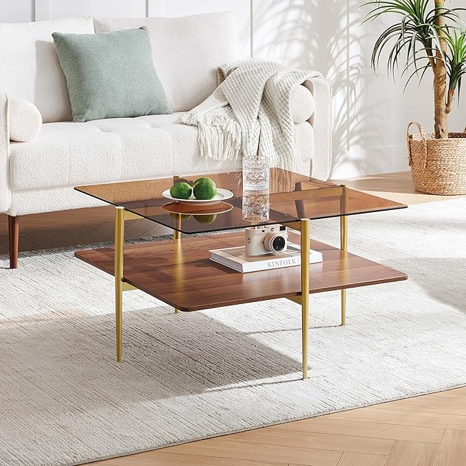 LumFurn Square Coffee Table, Mid-Century Modern Design, L30 x W30 x H17 Inch, for Living Room, 2-Tier Structure, Amber Glass Top and Walnut Wood Shelf, Sleek Conical Metal Legs with Gold Finish