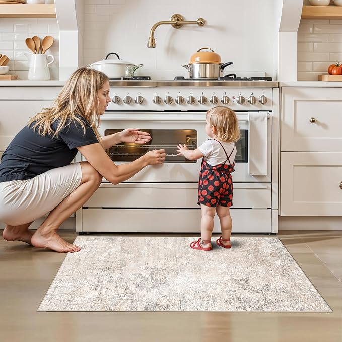 2x4 Washable Non-Slip Runner Rug – Small Throw Rug for Kitchen Floor, Bedroom, Entryway, Bathroom, Bedside – Modern Abstract Neutral Low-Pile Thin Indoor Door Mat (Beige Grey,2x4)