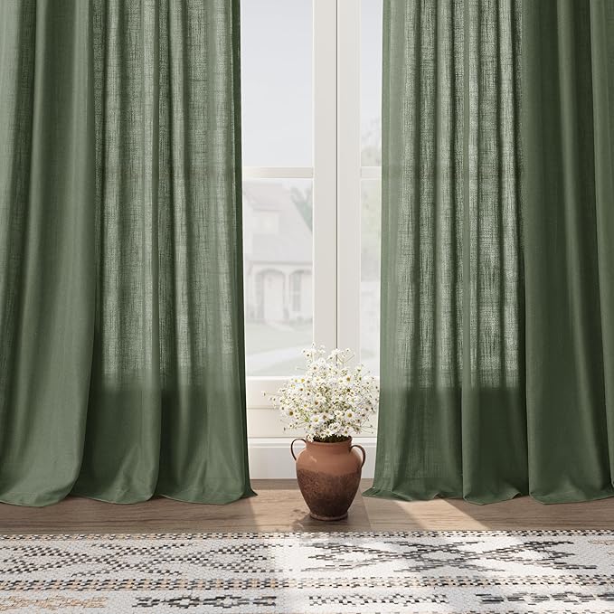 Nanspring Olive Green Linen Curtains 72 Inches Long 2 Panels Set for Living Room Back Tab Rod Pocket Light Filtering Semi Sheer Privacy Drapes Cotton Farmhouse Bedroom Curtain 52X72 Inches
