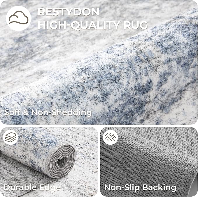 4x6 Area Rugs for Living Room, Non-Slip Backing Small Kids Rugs for Bedroom, Vintage Floral Rug Home Decor, Low Pile Soft Washable Rug for Kitchen, Dining Room (4'x6',Blue/Brown/Ivory)