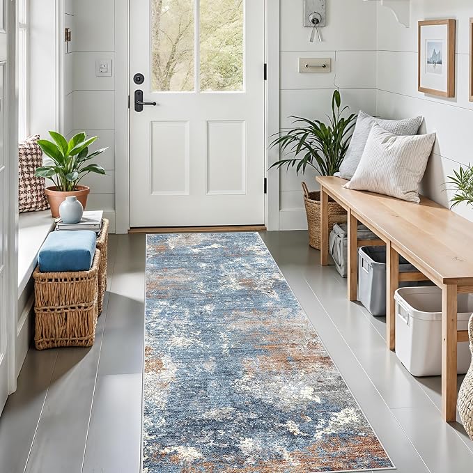 2x6 Non-Slip Washable Kitchen Runner Rug – Modern Abstract Carpet Runner for Hallway Bedroom Bathroom Laundry Room Entryway – Low-Pile Thin Rubber Backed（Blue Rust,2x6）