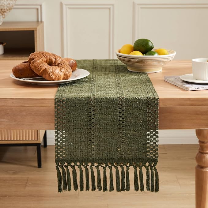 ZeeMart Macrame Style Boho Table Runner, Moss Green Table Runners 90 Inches Long, Farmhouse Woven Home Decor, 12x90 Inch, Moss