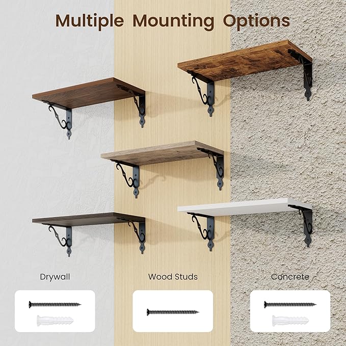 RICHFOCUS Floating Shelves for Wall Decor, 8 Inch Deep Shelves Set of 2, 16W x 8D Floating Shelves Wall Mounted with Metal Brackets, Rustic Wood Shelves for Living Room Bedroom Kitchen, Walnut