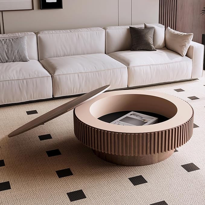 39.37'' Round Coffee Table with Storage, Solid Wood Veneered Modern Drum Coffee Table Accent Tea Table for Living Room, Bedroom, Apartment or Office-Walnut