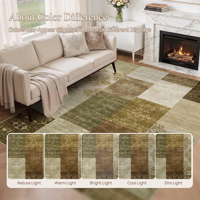 UERMEI 5x7 Area Rug for Living Room - Washable Neutral Modern Abstract Carpet, Non-Slip Soft Large Indoor Floor Rugs for Bedroom Home Office & Under Dining Table Decor, Brown/Green
