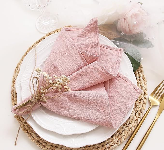 Dinner Cloth Napkins Bulk,100% Soft Cotton Linen Napkins,Washable Fall Napkins with Hemmed Edges for Wedding Decorations Christmas,16”*16”,(Set of 12, Pink)