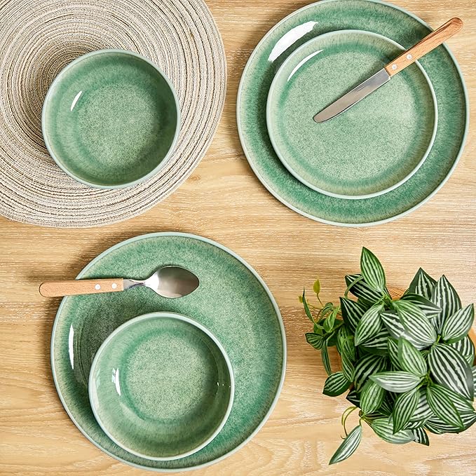 Sango Asher 12-Piece Stoneware Dinnerware Set for 4, Green Ceramic Plates and Bowls Sets, Modern Dish Set with Reactive Glaze, Durable Kitchen Dishes for Casual Dining, Microwave & Dishwasher Safe