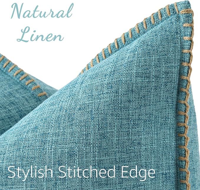 decorUhome Summer Decorative Throw Pillow Covers 24x24 Set of 2 Square Faux Linen Farmhouse Euro Sham Pillow Covers with Stitched Edge Outdoor Pillow Covers for Couch Sofa Living Room, Teal
