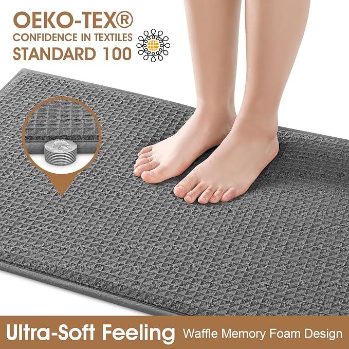 Memory Foam Bath Mat, Ultra Soft Absorbent Waffle Bathroom Rugs, Super Non-Slip PVC Backing Bath Rug Quick Dry, Machine Washable Rug for Tub, Shower, Home Decor Accessory, 24" x 17", Dark Gray