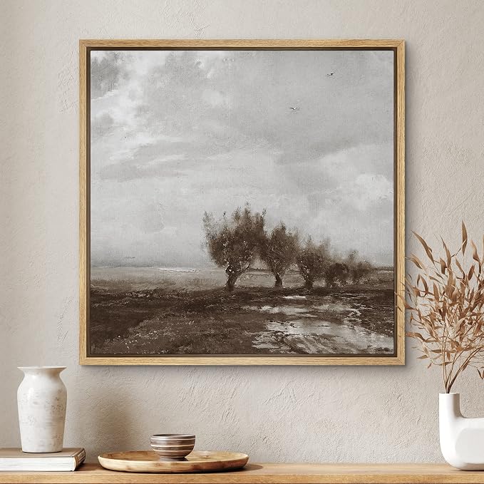 SIGNWIN Framed Canvas Print Wall Art Stormy Autumn Winter Pastoral Tree Landscape Nature Wilderness Illustrations Fine Art Farmhouse/Country Minimal for Living Room, Bedroom, Office - 24"x24" Natural