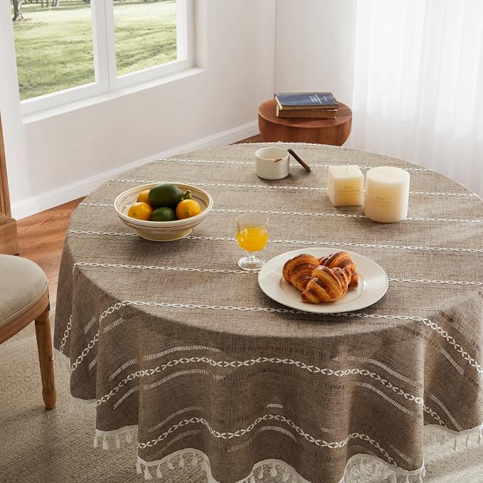ZeeMart Hemstitched Embroidery Striped Boho Tablecloth 60 Inch Round Cocoa Brown, Heavy Weight Farmhouse Burlap Linen Brown Tablecloth, Wrinkle Resistant Washable Table Cloth for Round Table