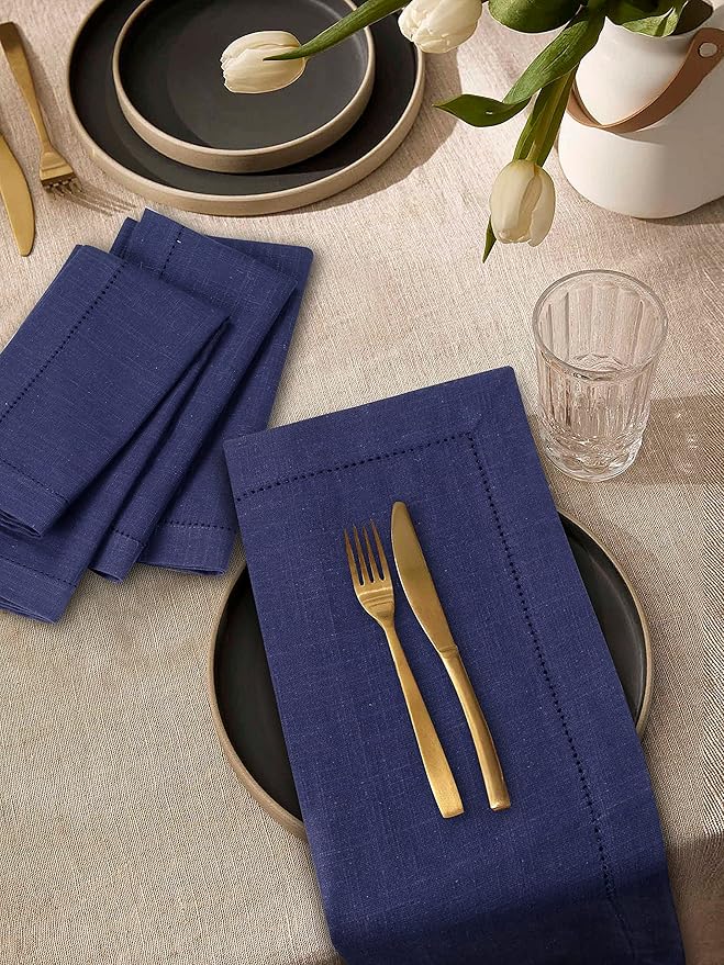 Lightnpro Premium Hemstitched Navy Blue Cloth Napkins Set of 6-18x18 Inch Soft 100% Cotton Fabric - Washable Reusable Dinner Napkins for Weddings, Parties & Elegant Home Decor