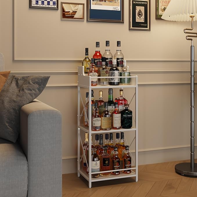 KLM Liquor Bottle Display Shelf, Liquor Cabinet bar for Home, 4 Step Liquor cabinetck, Mini bar,Liquor Cabinet, Home Retro Bar Shelf Stand for Liquor Whiskey, Spirits. (White)