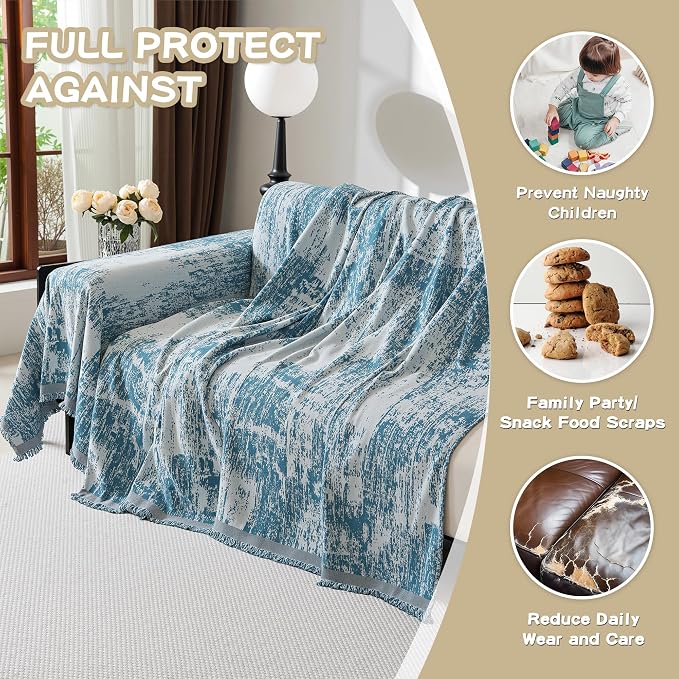 MEETSKY Boho Couch Cover for 2 Cushion Couch Sofa, Chenille Sofa Cover for Sectional Sofa, Modern Khaki Abstract Jacquard Sofa Covers Washable Sofa Slipcover for Pets Friendly, 91" X118",Blue