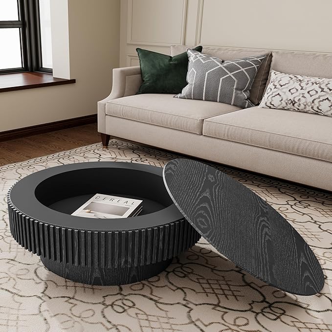 φ31.5 Round Coffee Table with Storage, Wood Veneered Pedestal End Table for Living Room, Modern Contemporary Circle Fluted Drum Side Table for Small Space - ø31.5" x 14"H Black