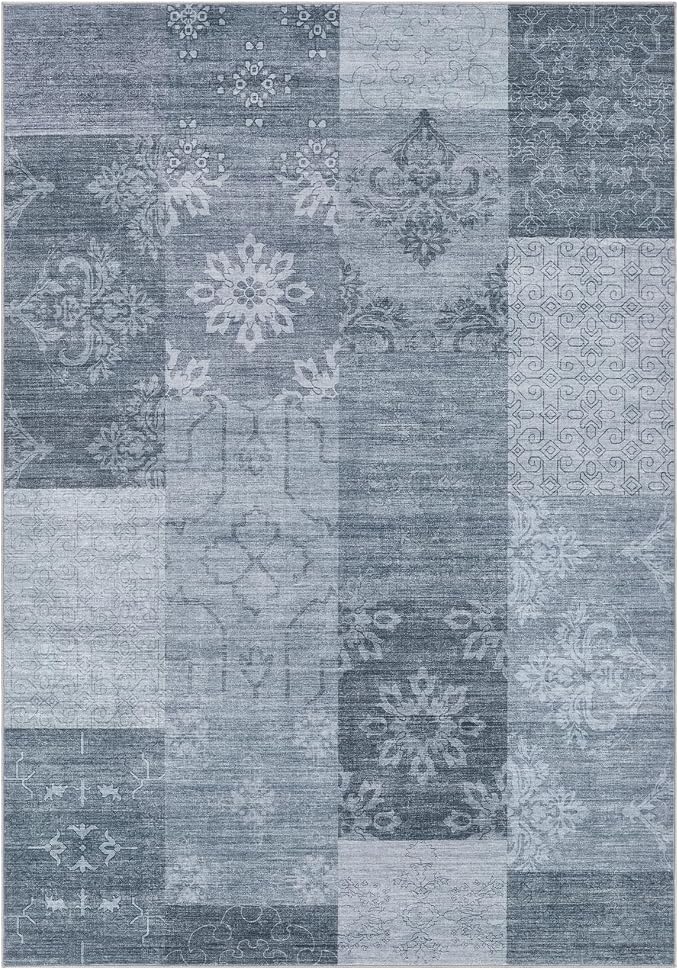 UERMEI 9x12 Area Rug for Living Room - Washable Vintage Carpet, Non-Slip Soft Large Indoor Floor Rugs for Bedroom Home Office & Under Dining Table Decor, Blue Block